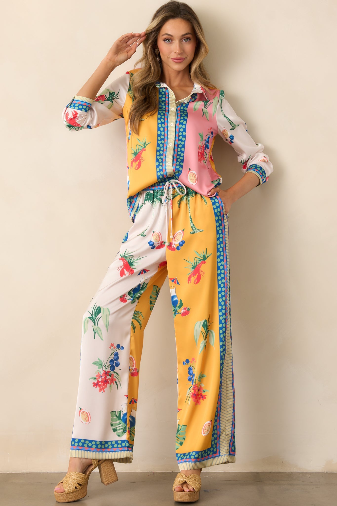 Breathing Deep Yellow Colorblock Coastal Print Drawstring Pants