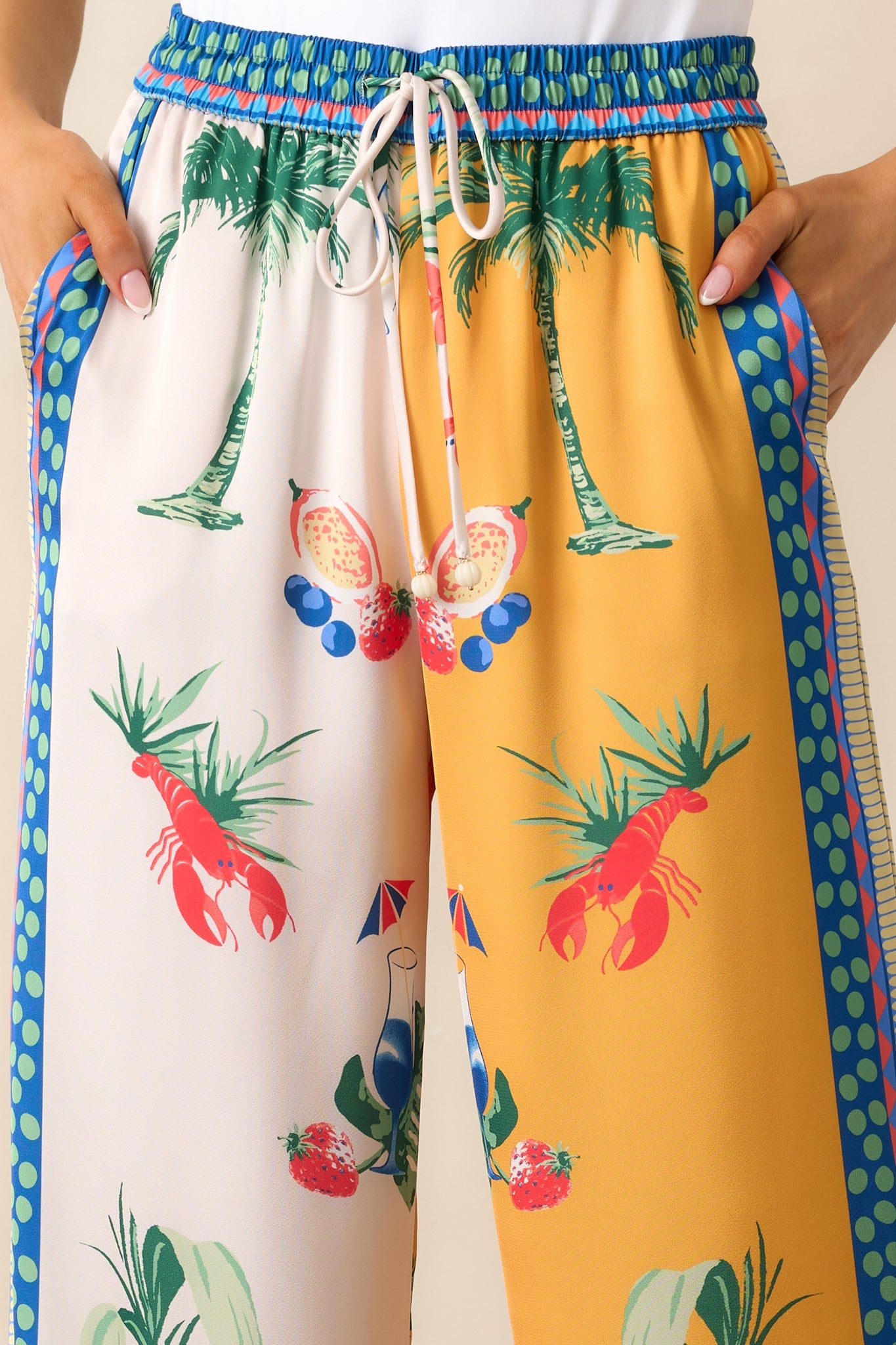 Breathing Deep Yellow Colorblock Coastal Print Drawstring Pants