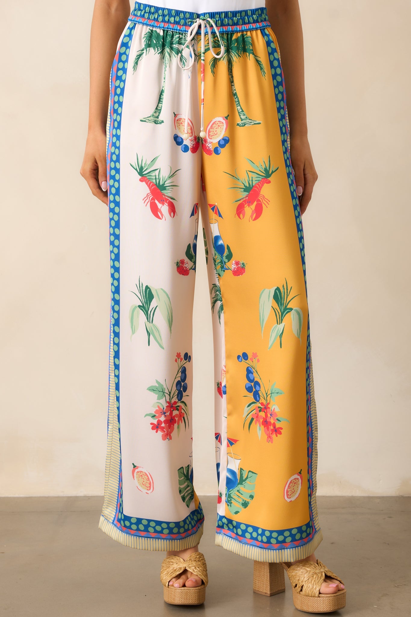 Breathing Deep Yellow Colorblock Coastal Print Drawstring Pants