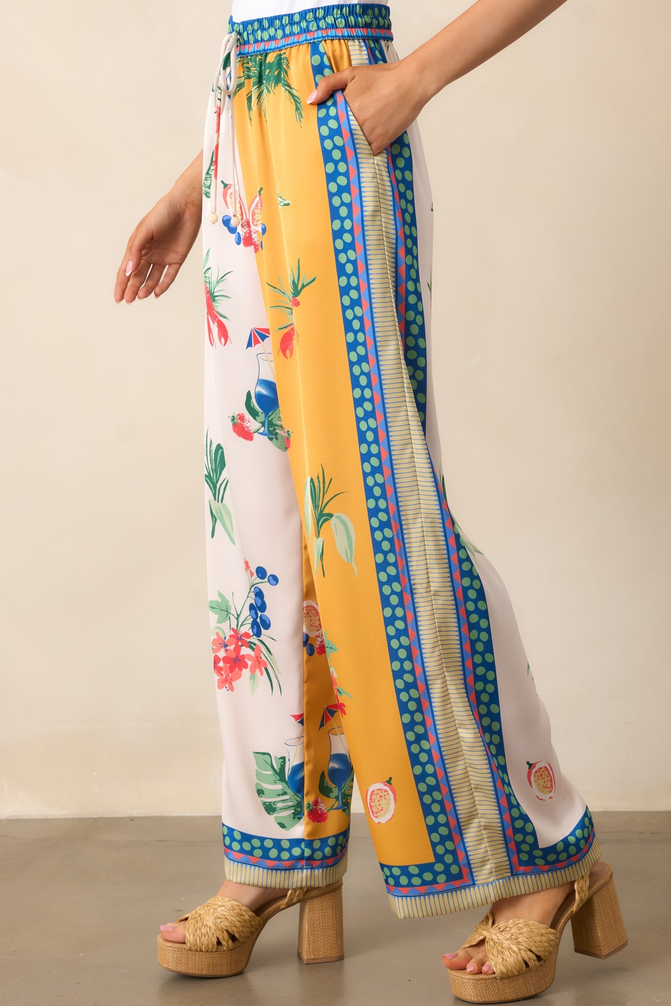 Breathing Deep Yellow Colorblock Coastal Print Drawstring Pants
