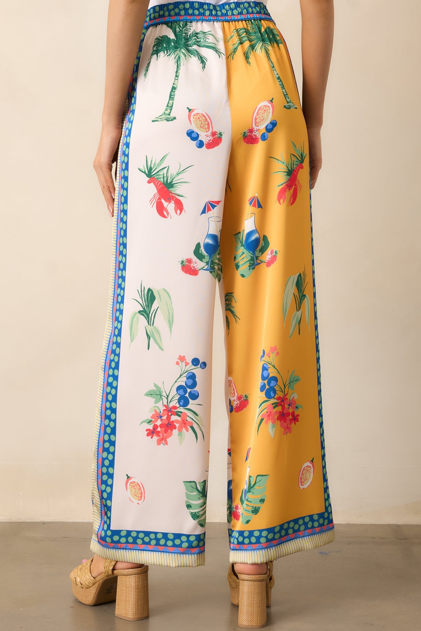 Breathing Deep Yellow Colorblock Coastal Print Drawstring Pants