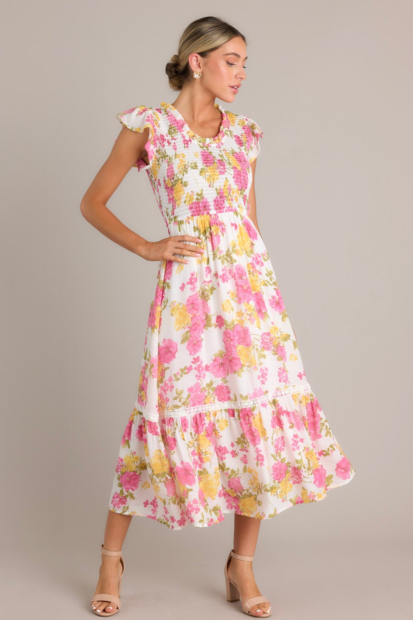 Bloom Burst White Multi Floral Midi Dress