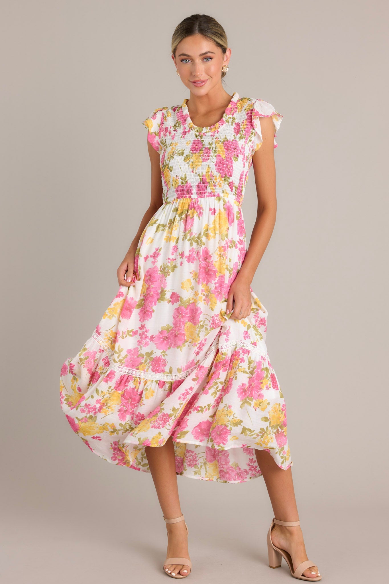 Bloom Burst White Multi Floral Midi Dress