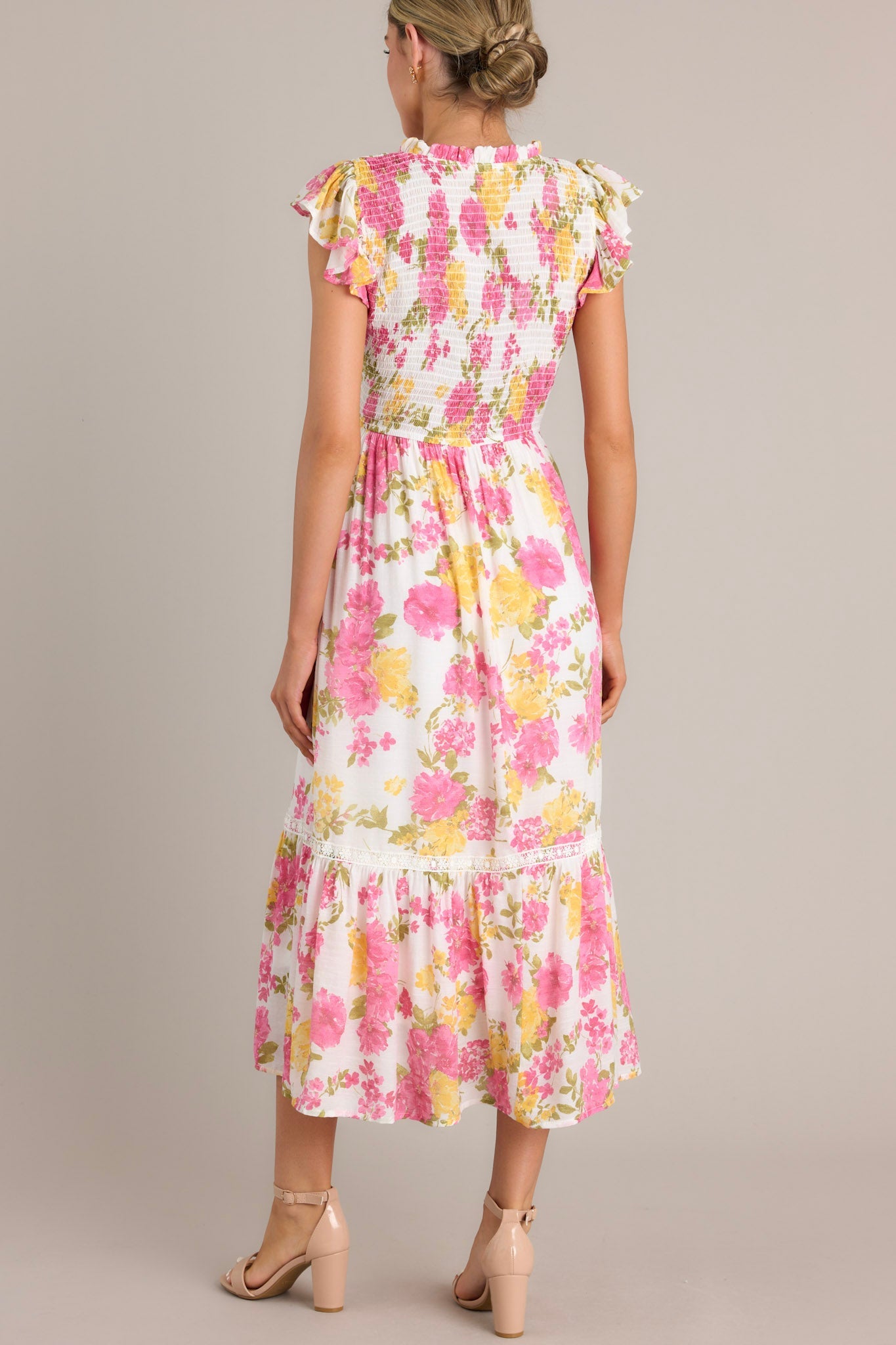 Bloom Burst White Multi Floral Midi Dress
