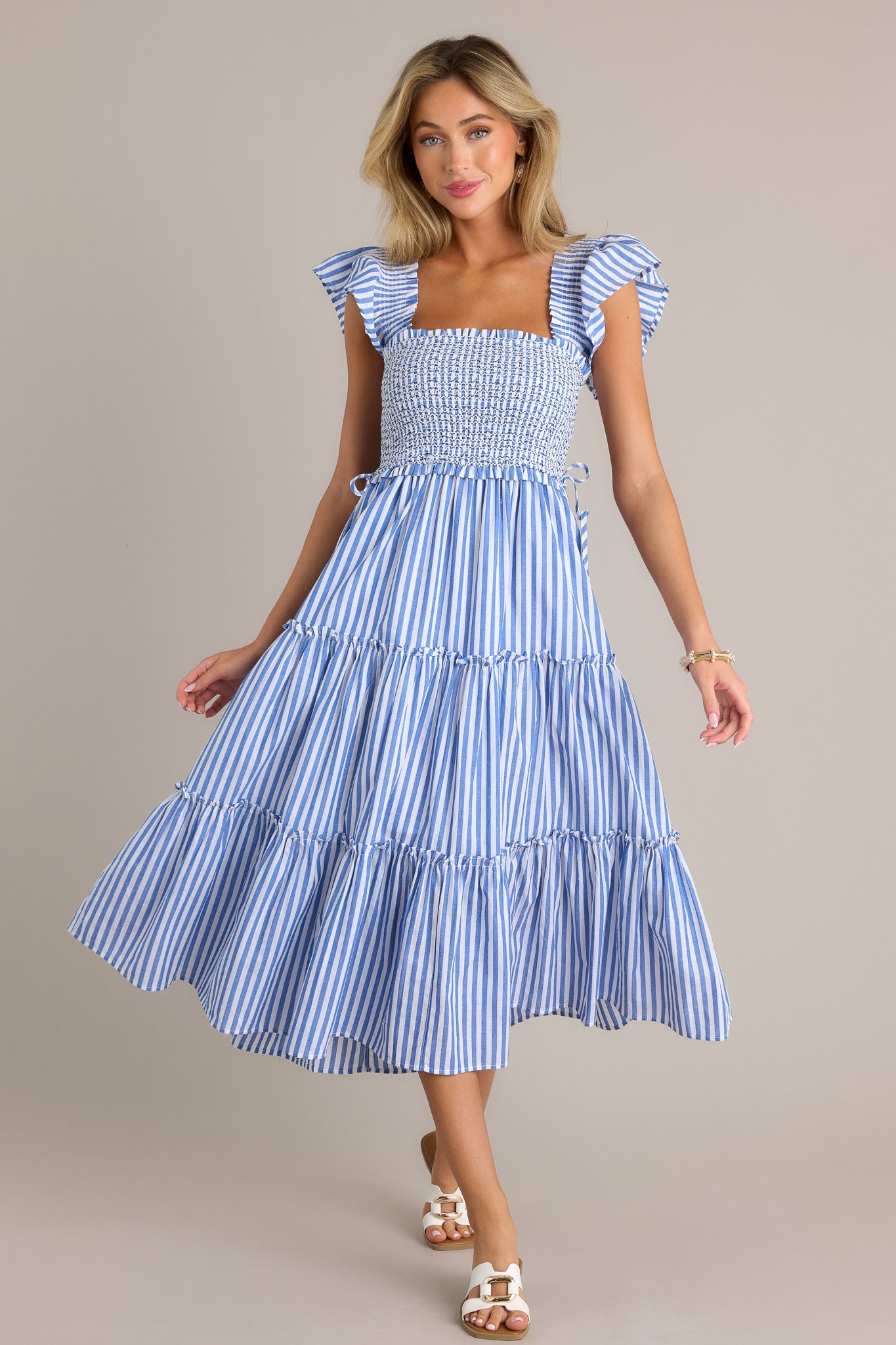 Bayside Stroll 100% Cotton Blue Stripe Smocked Midi Dress