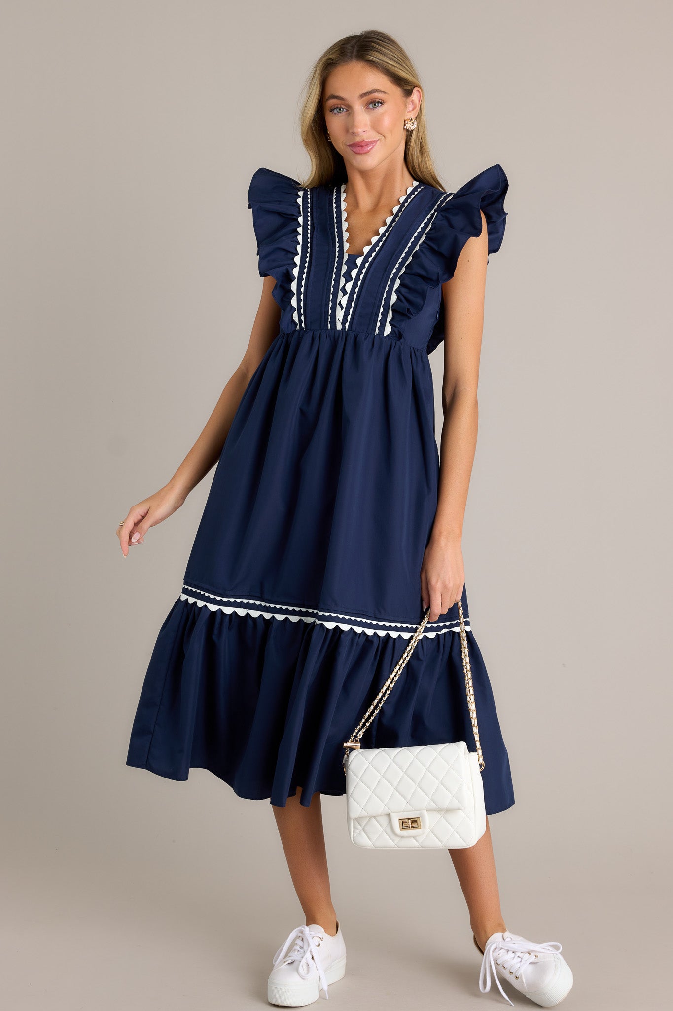 Wishful Thinking Navy Flutter Sleeve Midi Dress