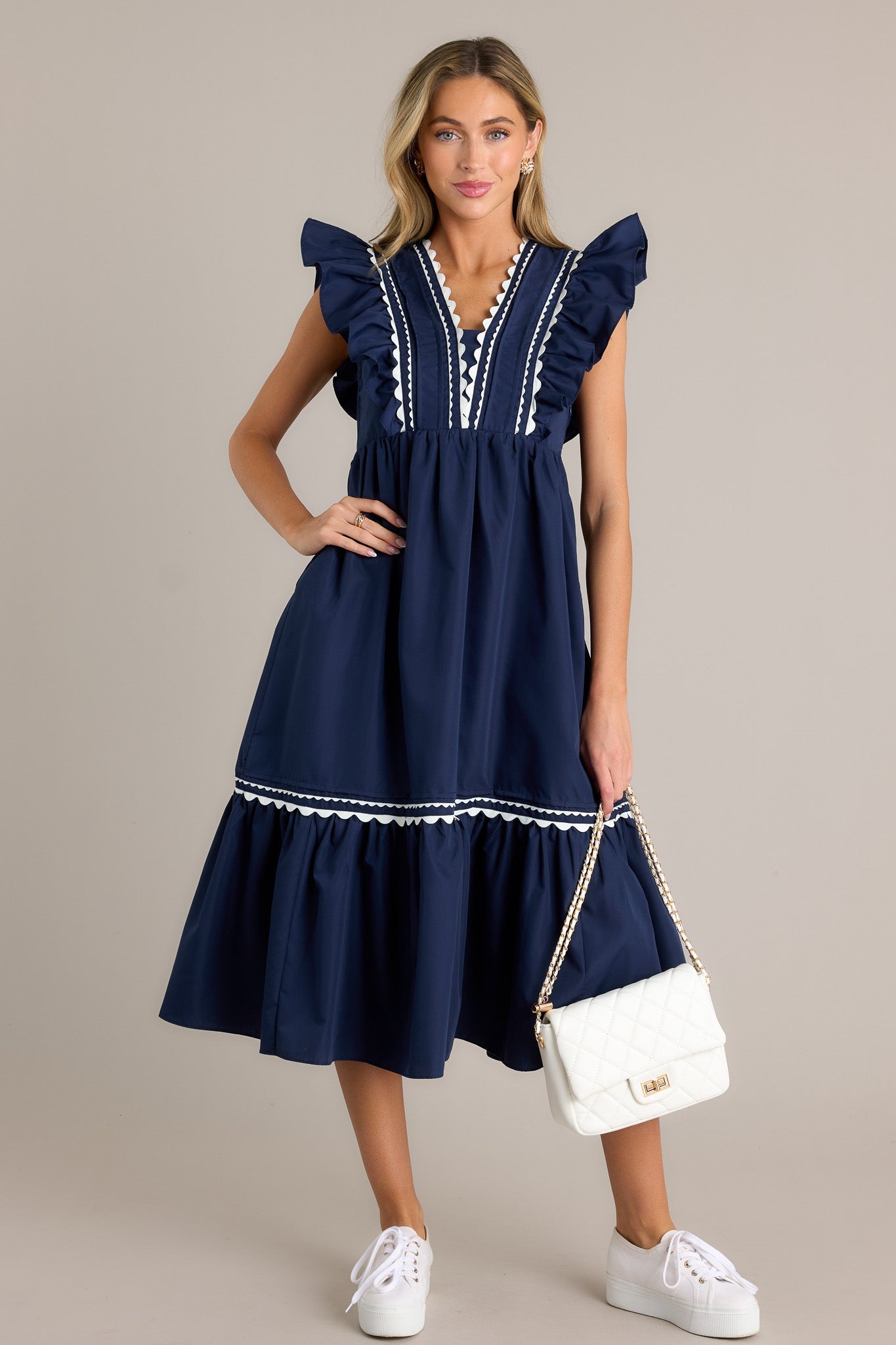 Wishful Thinking Navy Flutter Sleeve Midi Dress