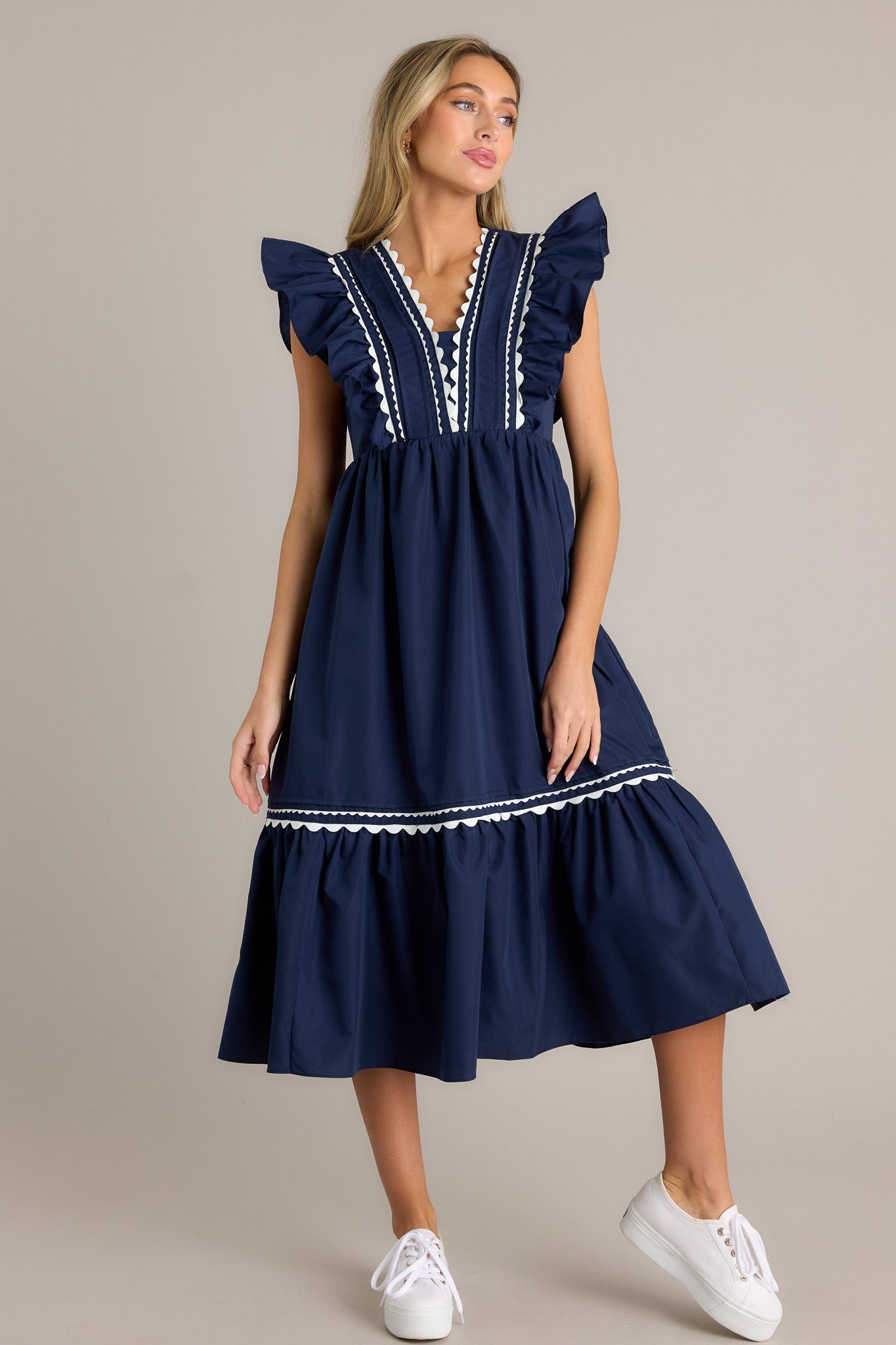 Wishful Thinking Navy Flutter Sleeve Midi Dress
