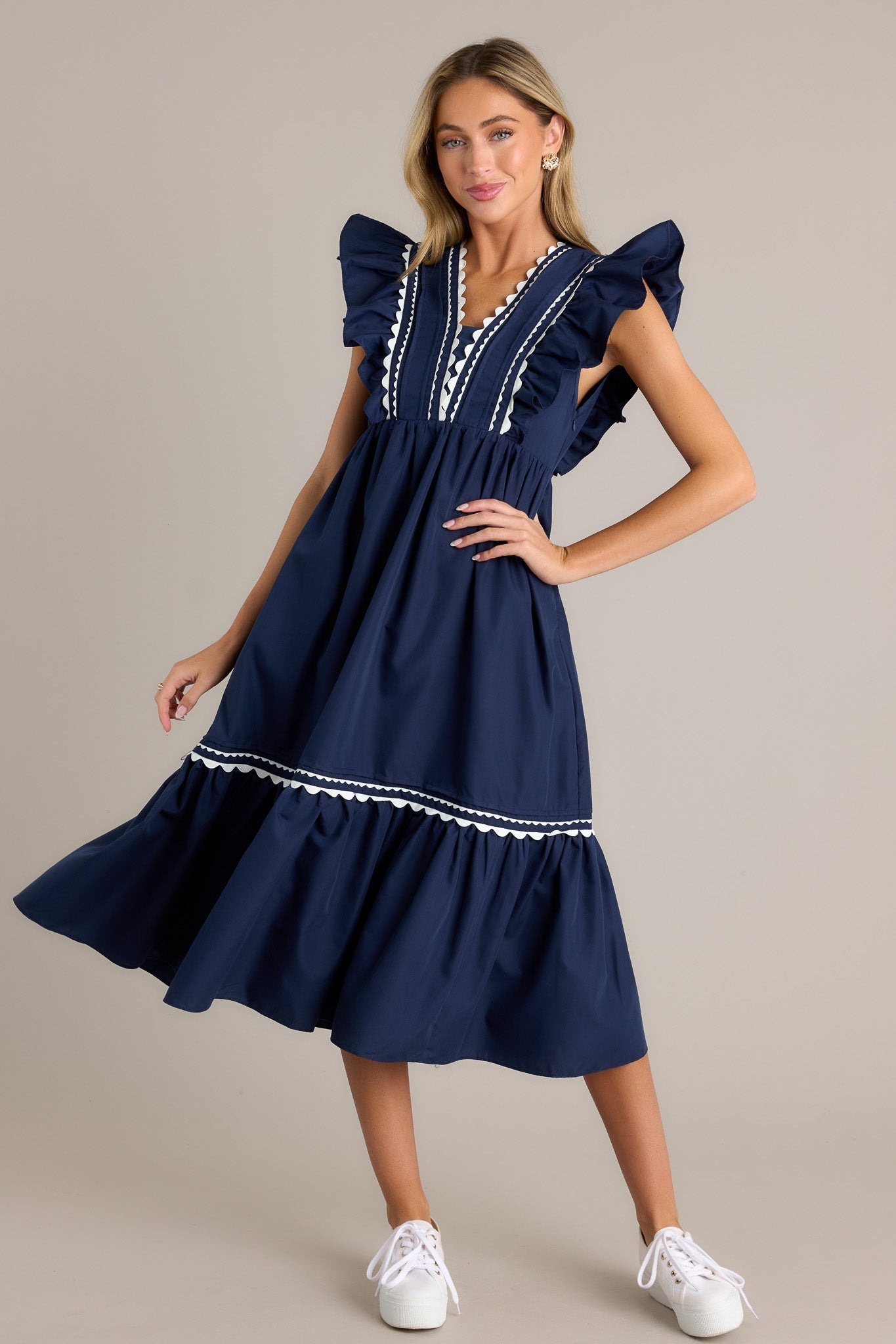 Wishful Thinking Navy Flutter Sleeve Midi Dress
