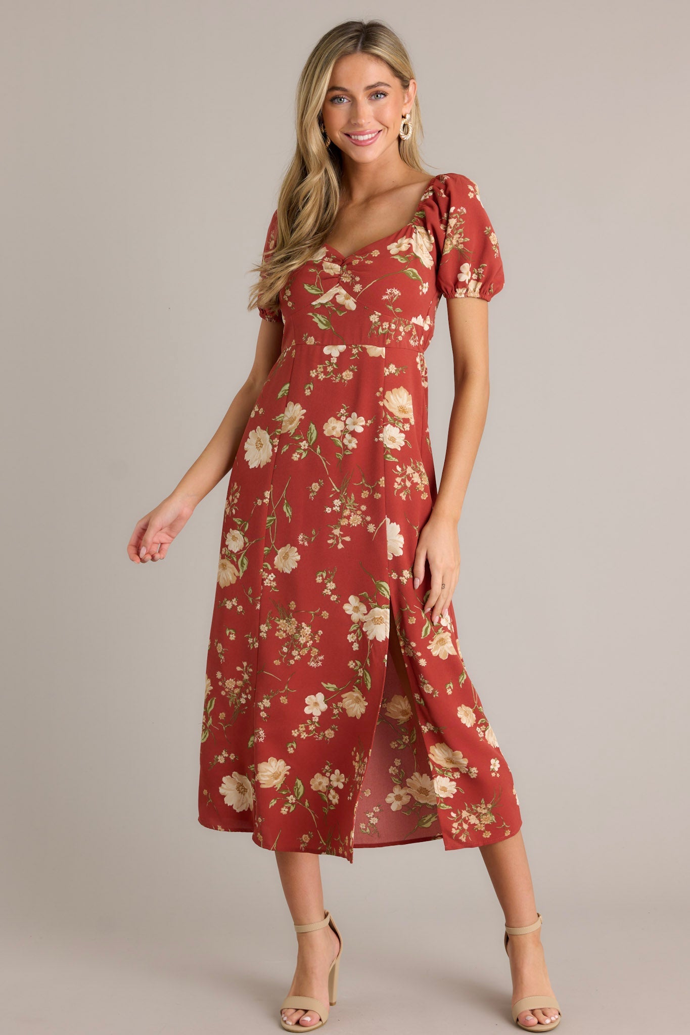 Wish You Were Here Burnt Orange Puff Sleeve Midi Dress