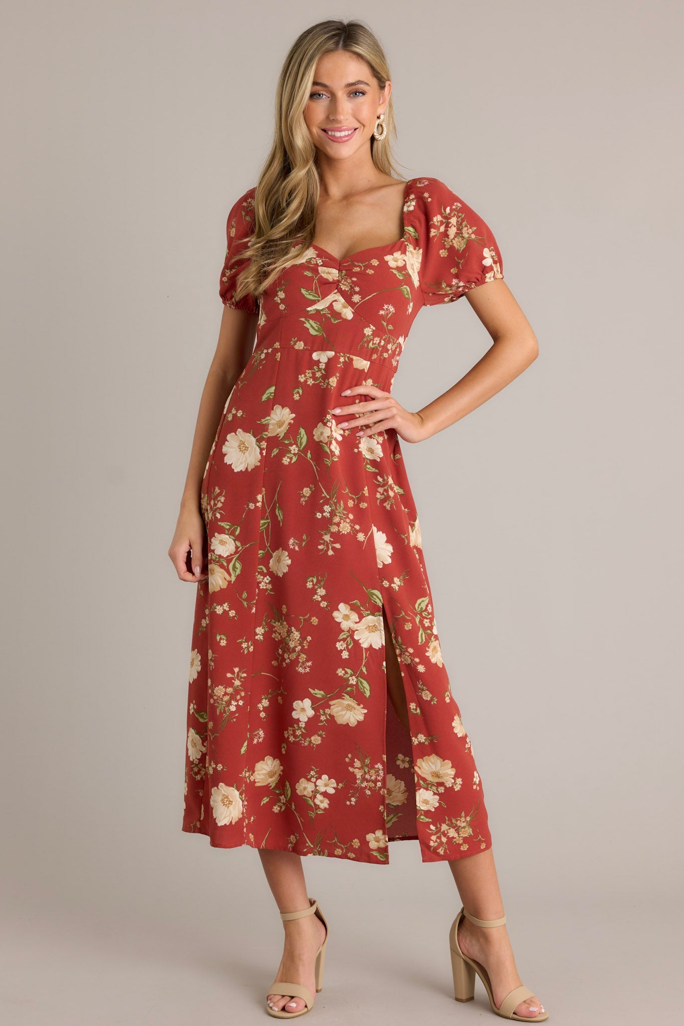 Wish You Were Here Burnt Orange Puff Sleeve Midi Dress
