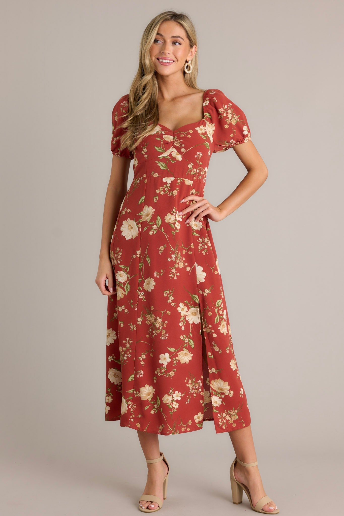 Wish You Were Here Burnt Orange Puff Sleeve Midi Dress