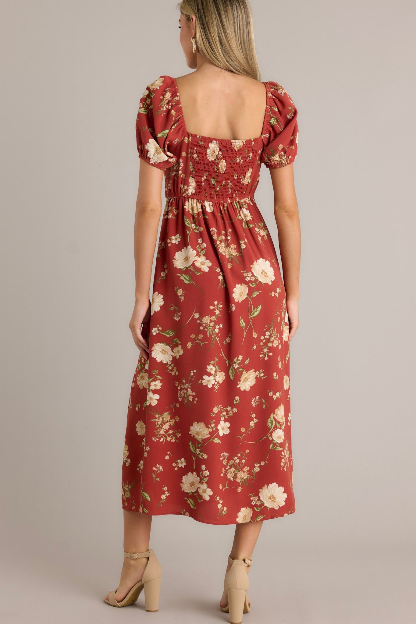 Wish You Were Here Burnt Orange Puff Sleeve Midi Dress