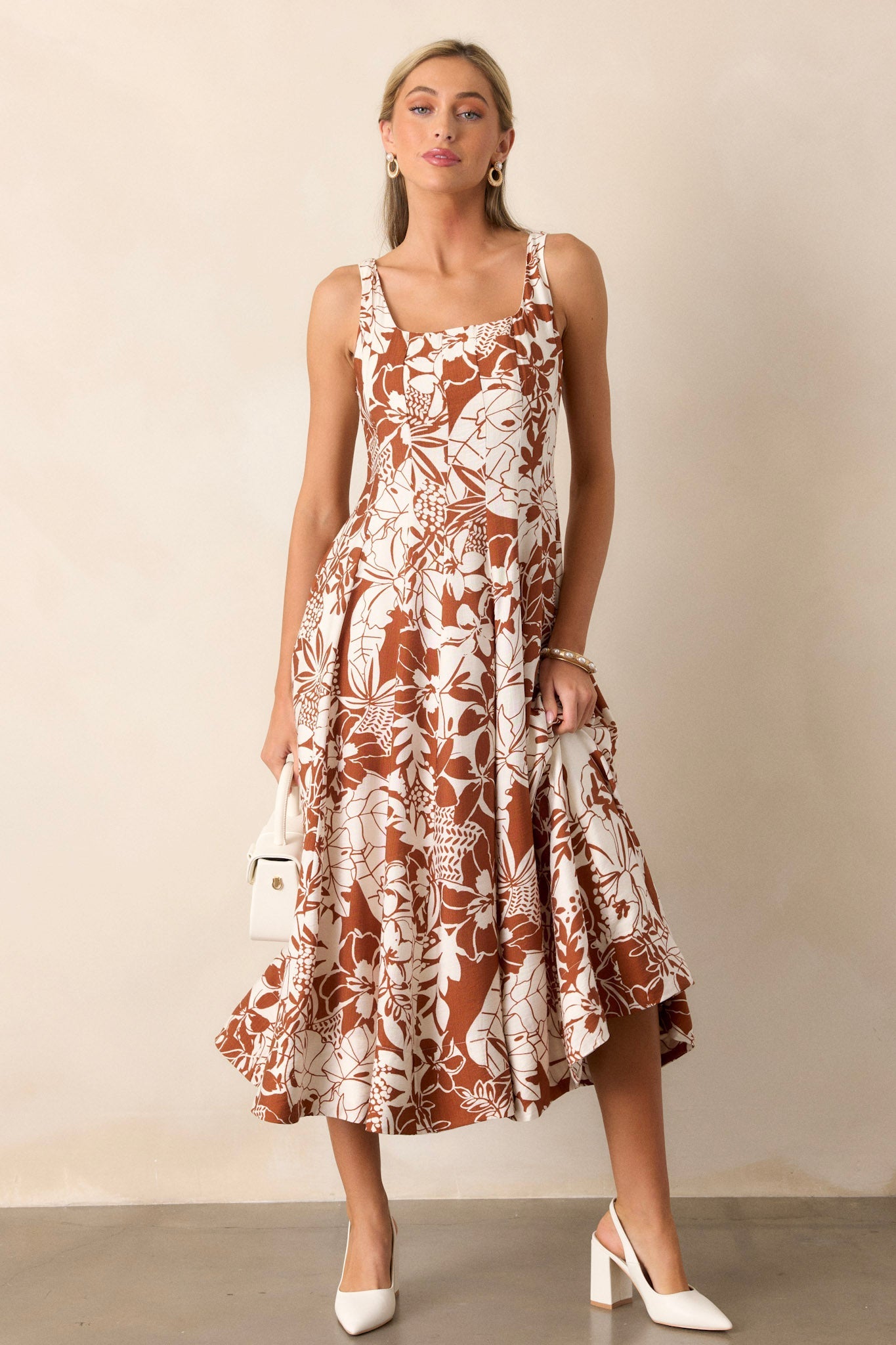 Young Love Caramel Floral Midi Dress