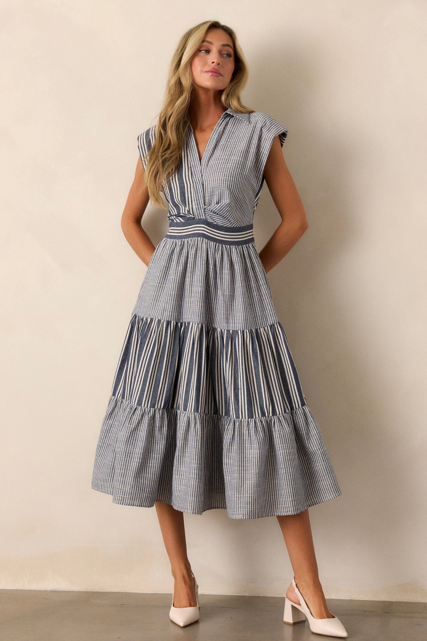 Along The Way Navy Stripe Cap Sleeve Midi Dress