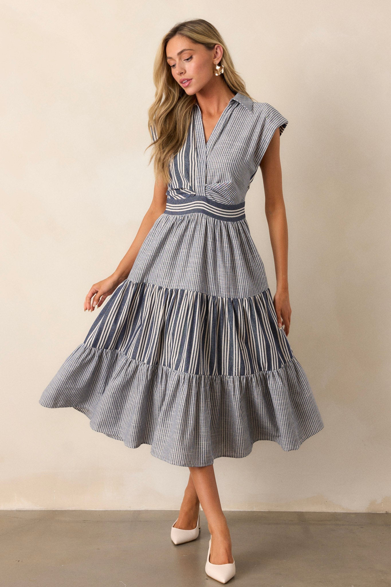 Along The Way Navy Stripe Cap Sleeve Midi Dress