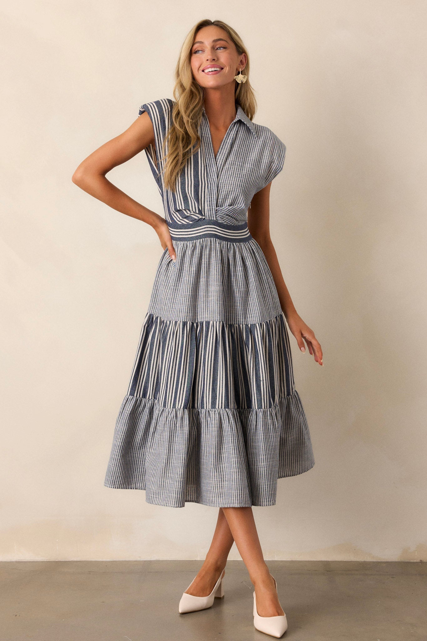 Along The Way Navy Stripe Cap Sleeve Midi Dress