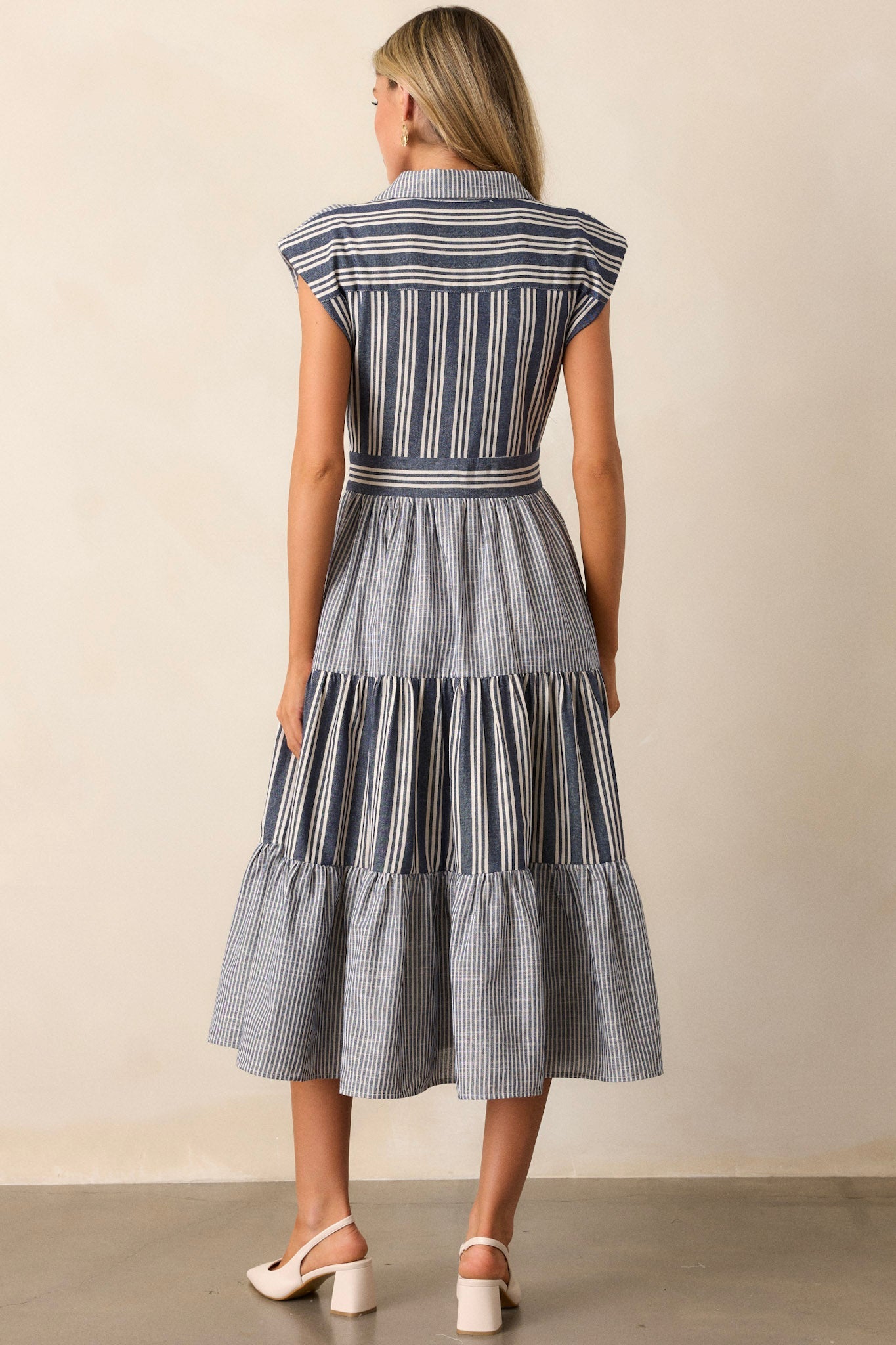 Along The Way Navy Stripe Cap Sleeve Midi Dress