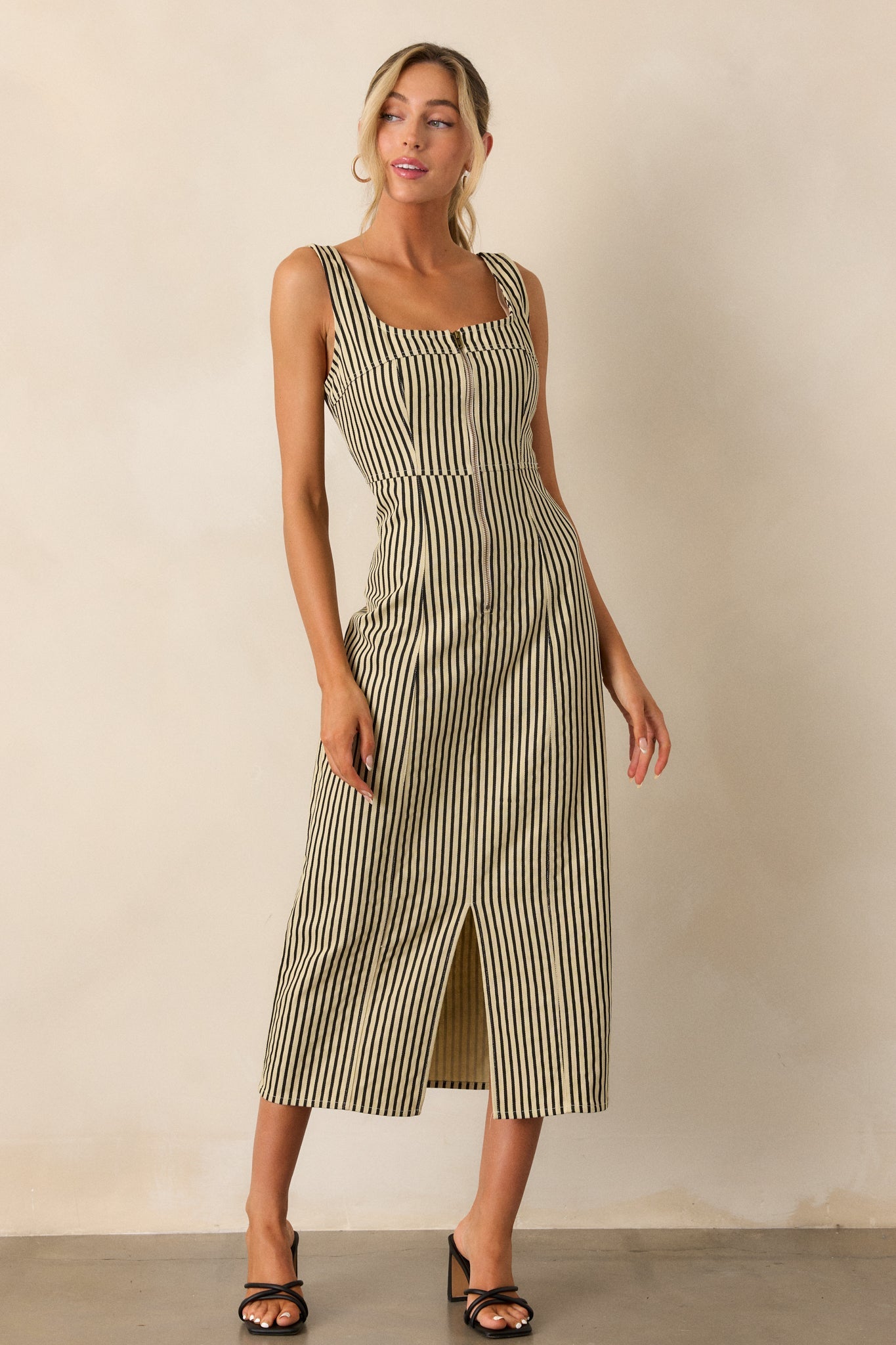 Timeless Beauty Black Stripe Zip Front Denim Maxi Dress
