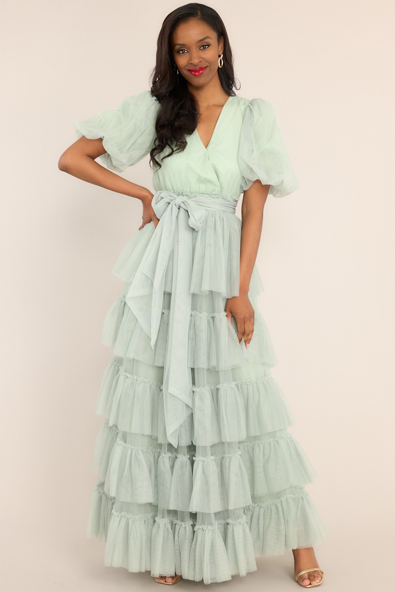 A Beautiful Feeling Seafoam Tiered Tulle Maxi Dress