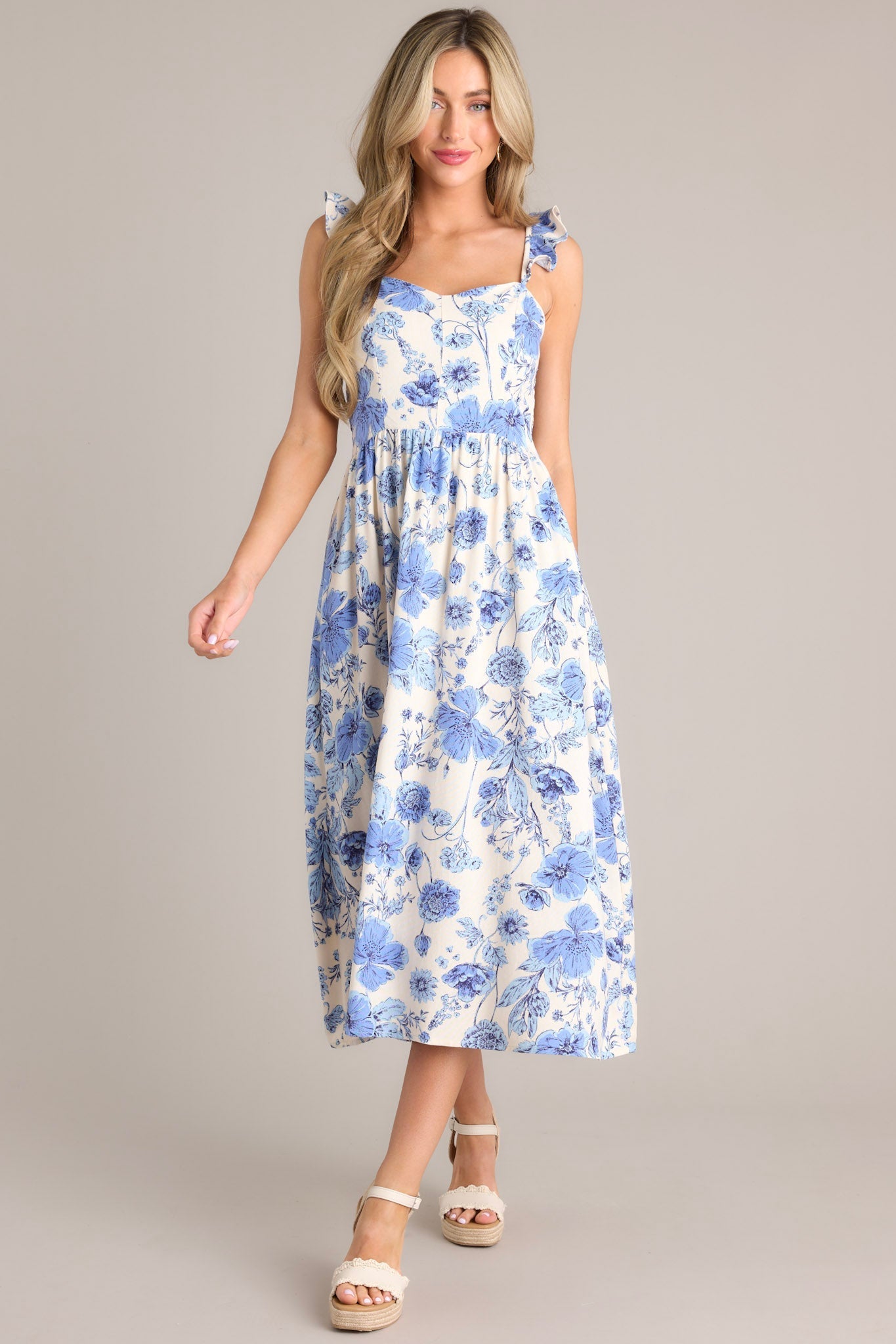 Blossoms Of Belief Ivory & Blue Floral Midi Dress