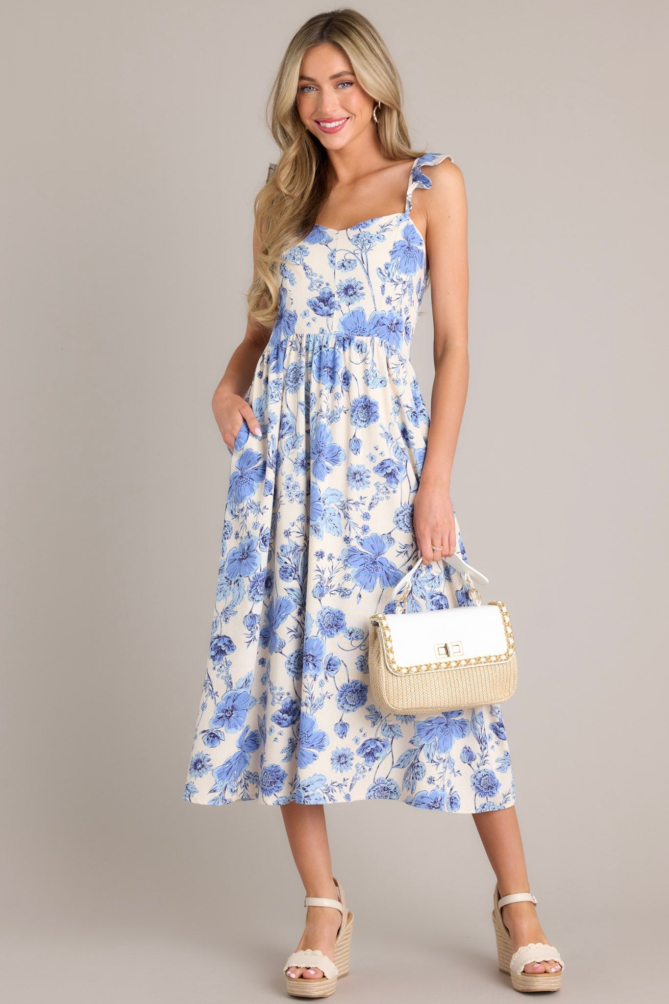 Blossoms Of Belief Ivory & Blue Floral Midi Dress