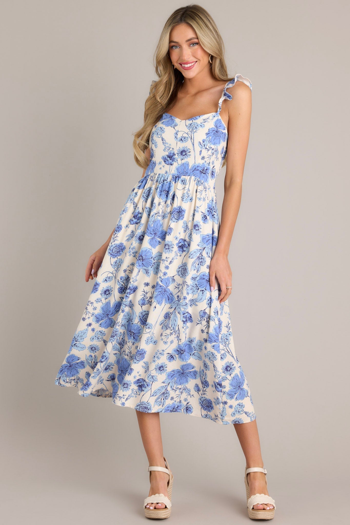 Blossoms Of Belief Ivory & Blue Floral Midi Dress