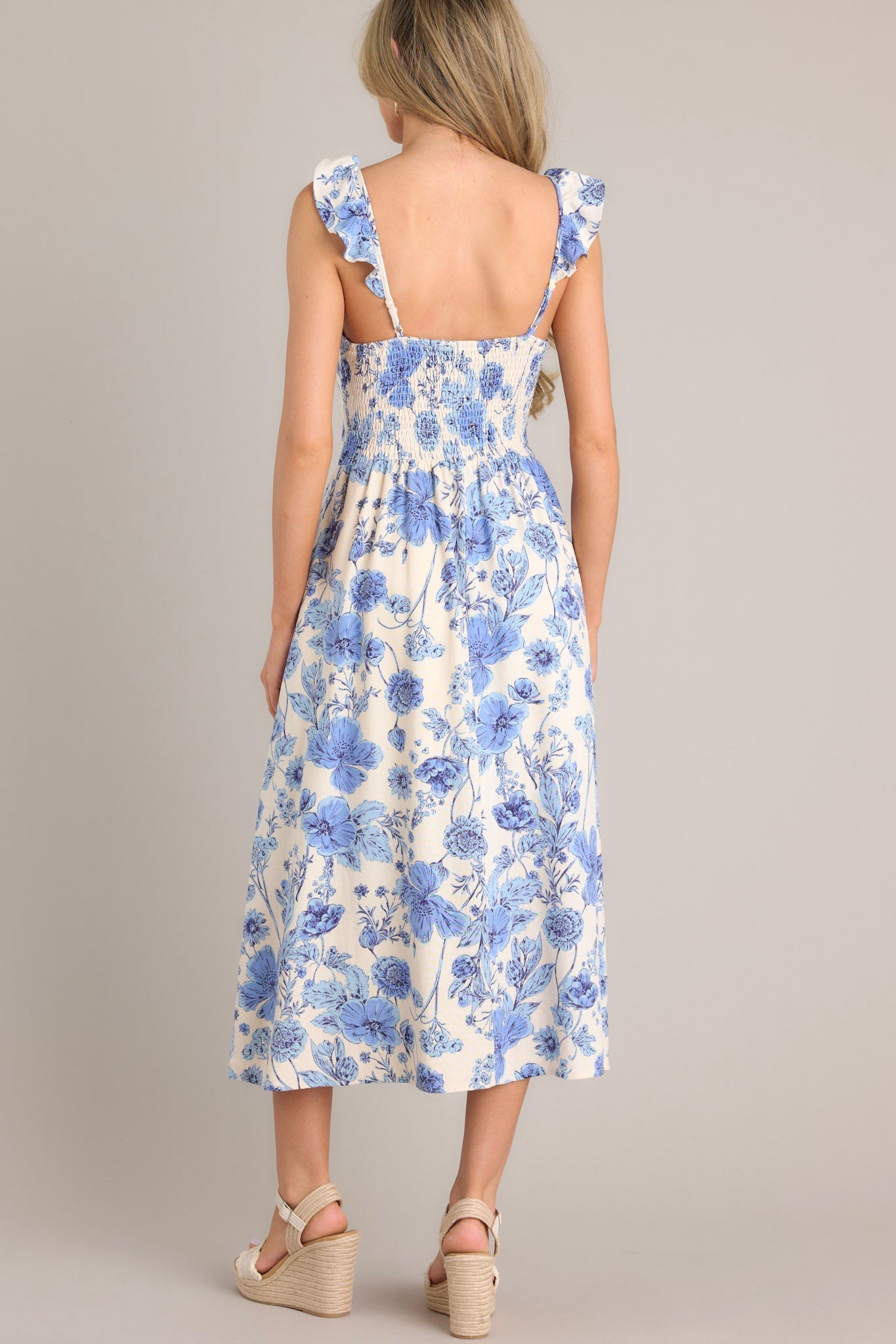Blossoms Of Belief Ivory & Blue Floral Midi Dress