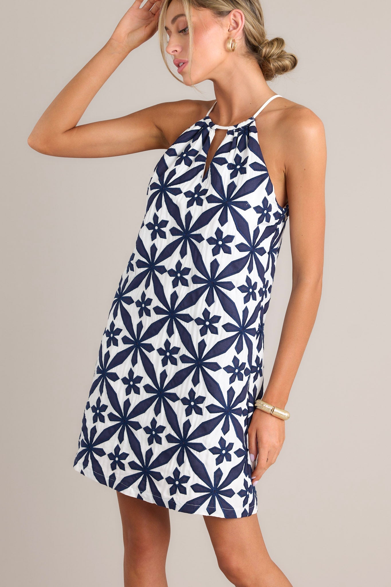 Botanical Breeze Navy Floral Embroidered Mini Dress