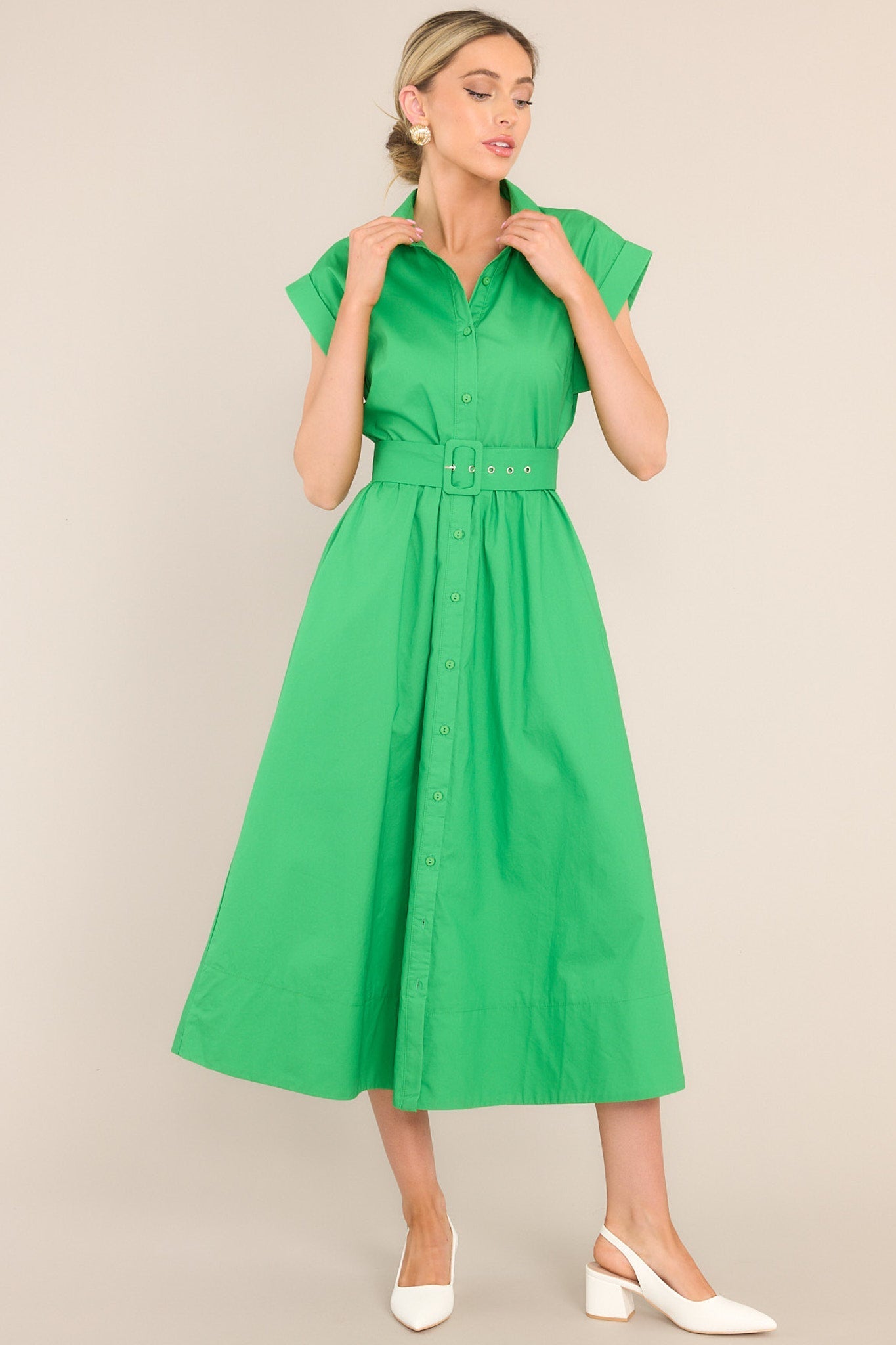 Bring On Spring Kelly Green Belted Button Front Midi Dress