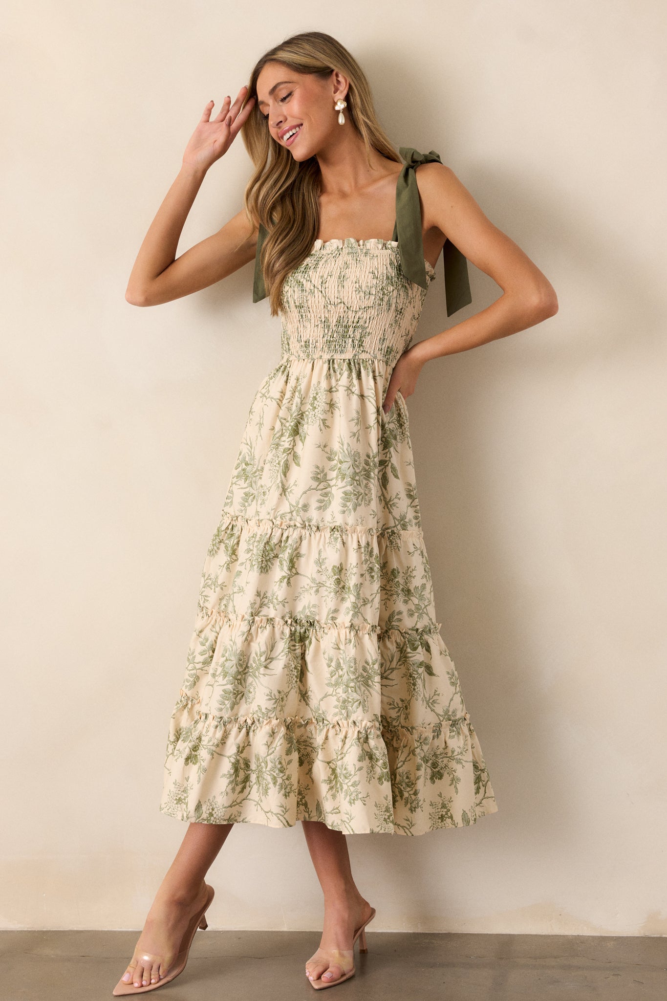 Wildflower Whisper 100% Cotton Ivory Green Floral Midi Dress