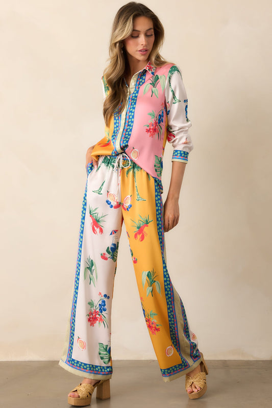 Breathing Deep Yellow Colorblock Coastal Print Drawstring Pants