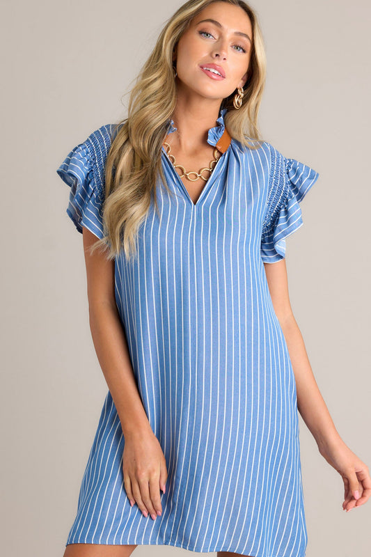 The Small Things Blue Stripe Flutter Sleeve Mini Dress