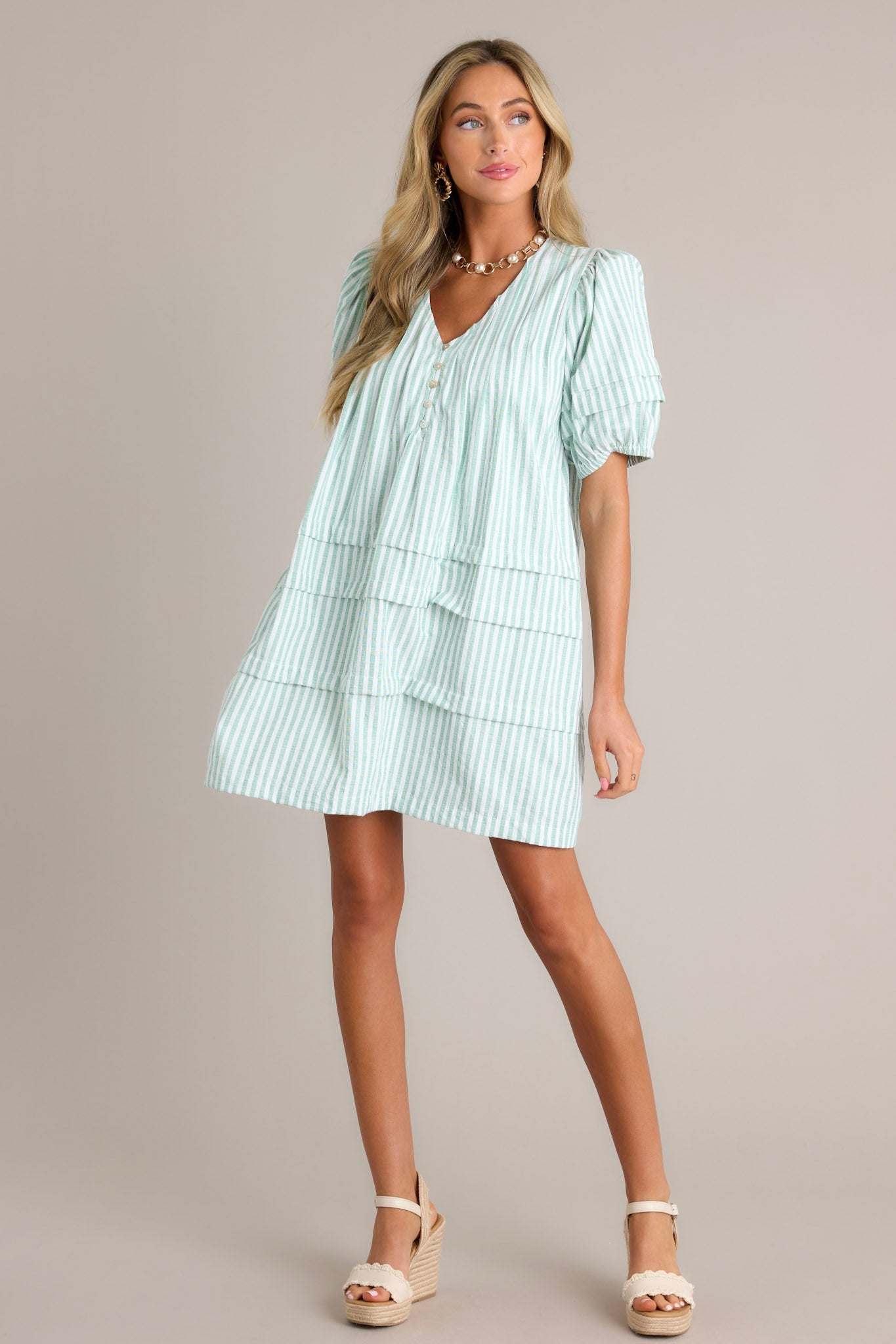 Adore You Mint Green Stripe Puff Sleeve Mini Dress