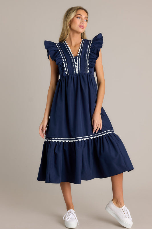 Wishful Thinking Navy Flutter Sleeve Midi Dress