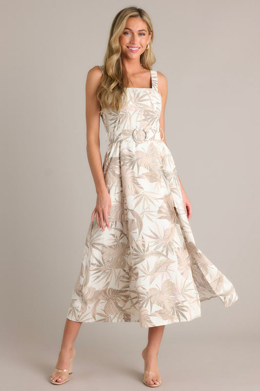As You Know Tan Tropical Print Belted Midi Dress