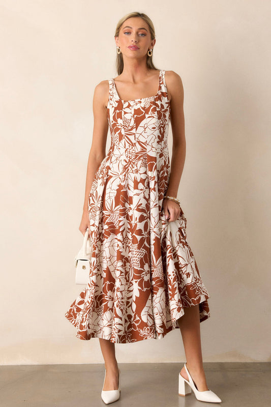 Young Love Caramel Floral Midi Dress
