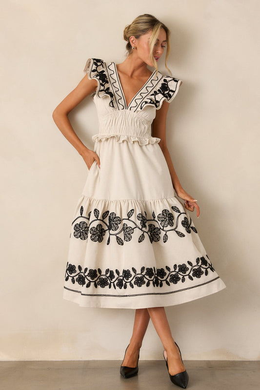 Whispering Pines Beige Flutter Sleeve Midi Dress